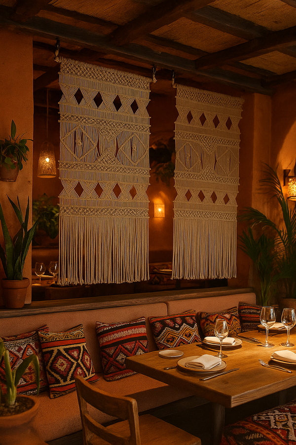 Dining area with macrame curtains, patterned pillows, and a wooden table.