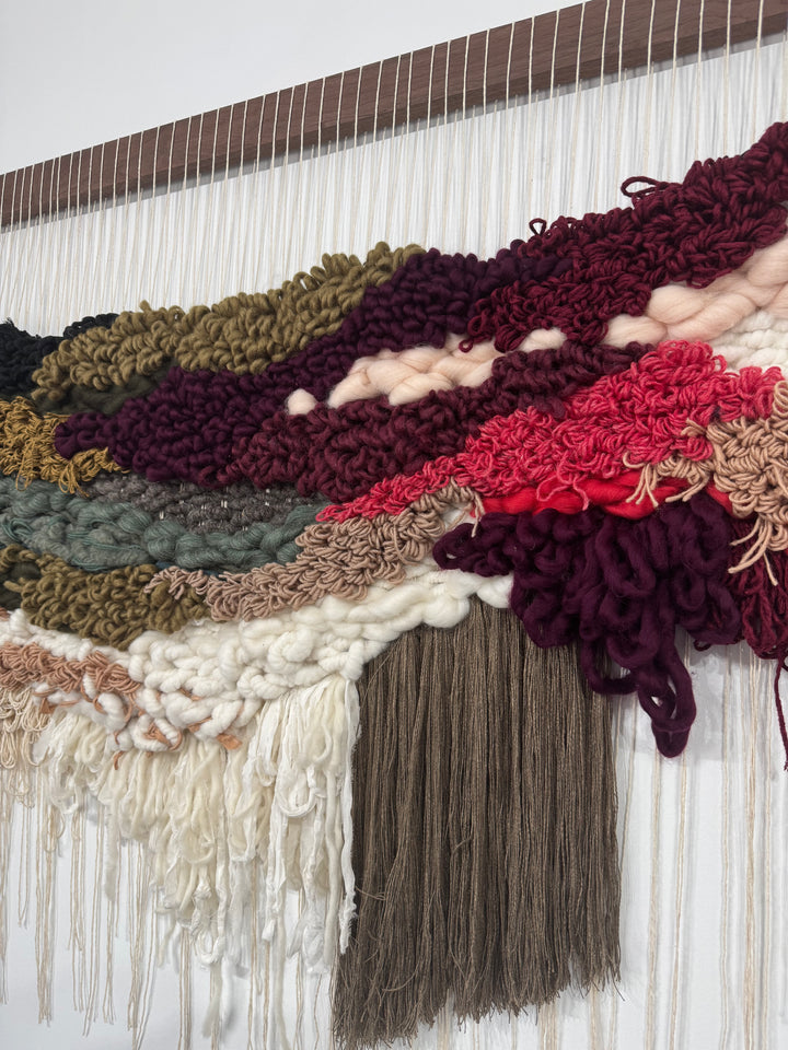 Woven Wall Hanging – Dahlia Floral Fiber Art | Handmade Organic Yarn Tapestry