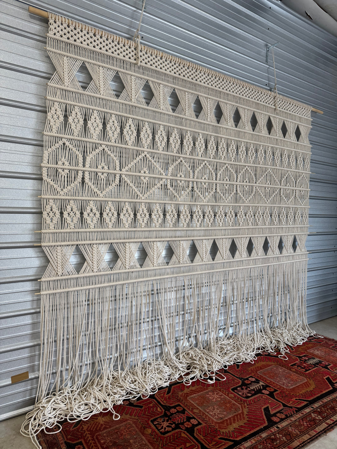 Textile with geometric pattern on a wooden floor