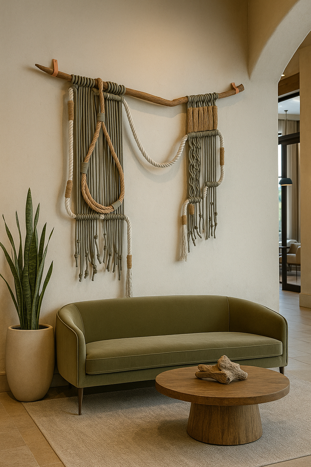 Green sofa in a room with wall art and a wooden table.