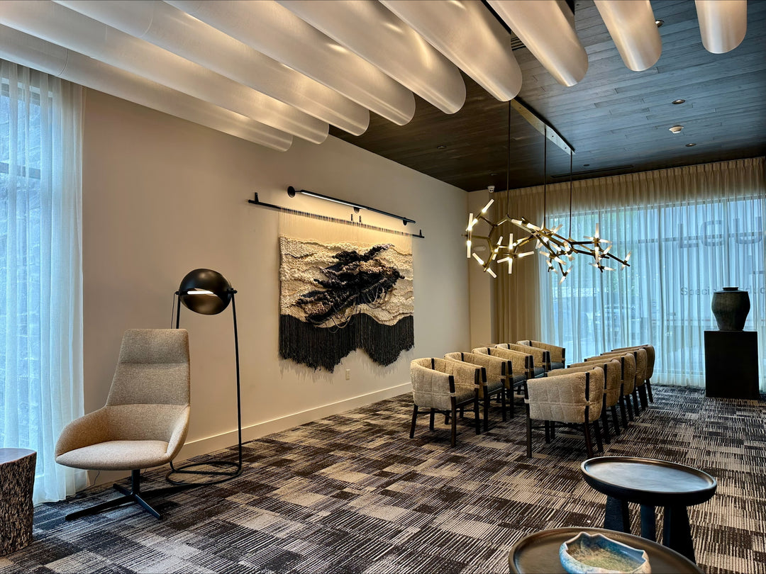 modern hotel interior with woven tapestry