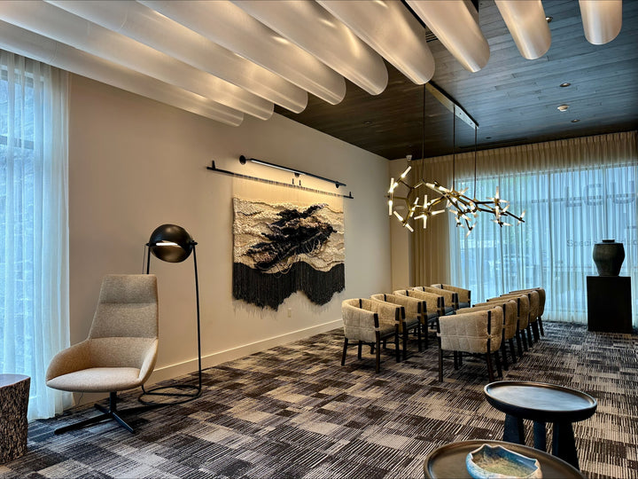 modern hotel interior with woven tapestry