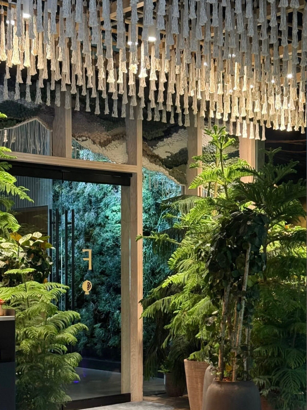 woven wall hanging inside a cafe